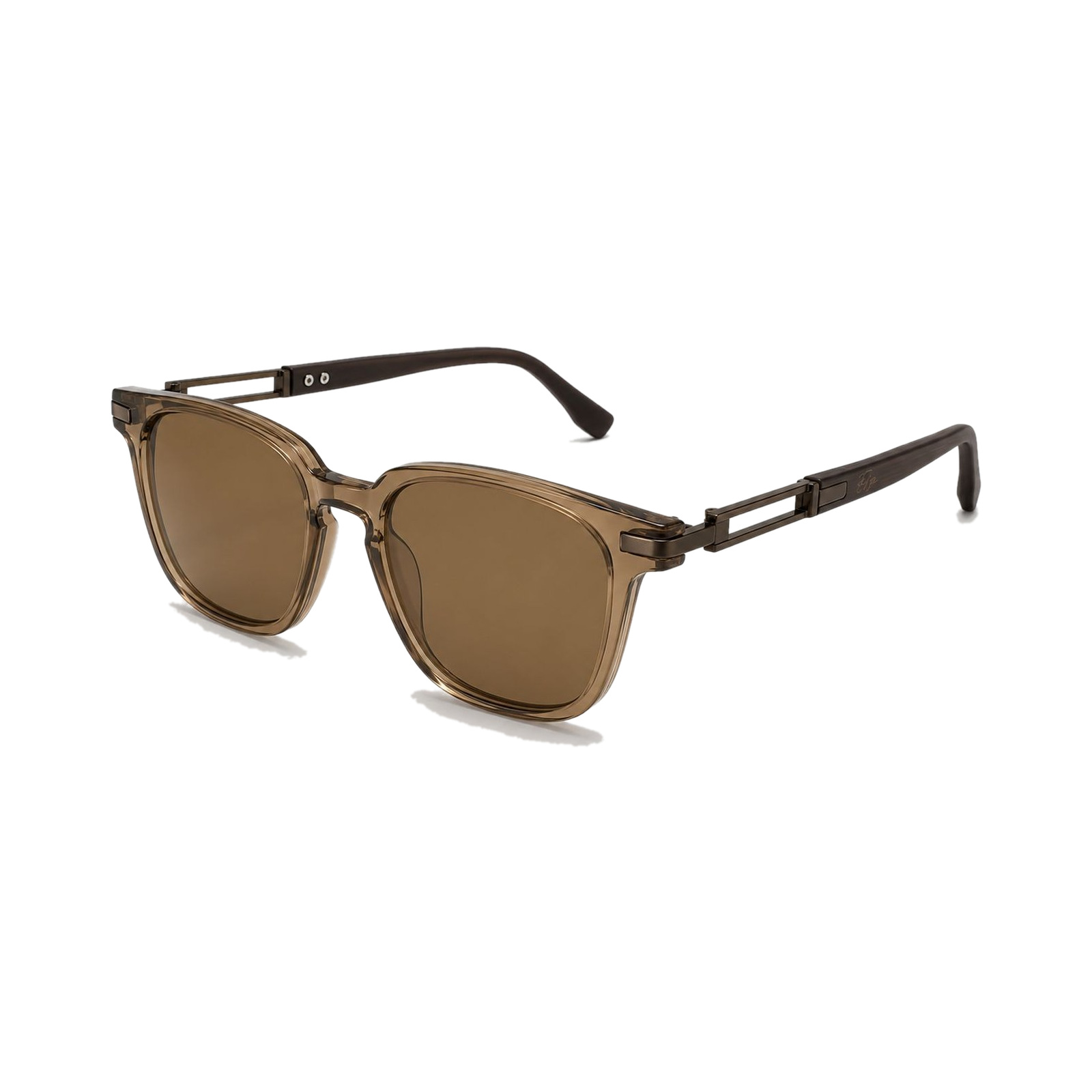 Elga Sterling Amber — armação translúcida âmbar com lentes marrom e hastes de madeira