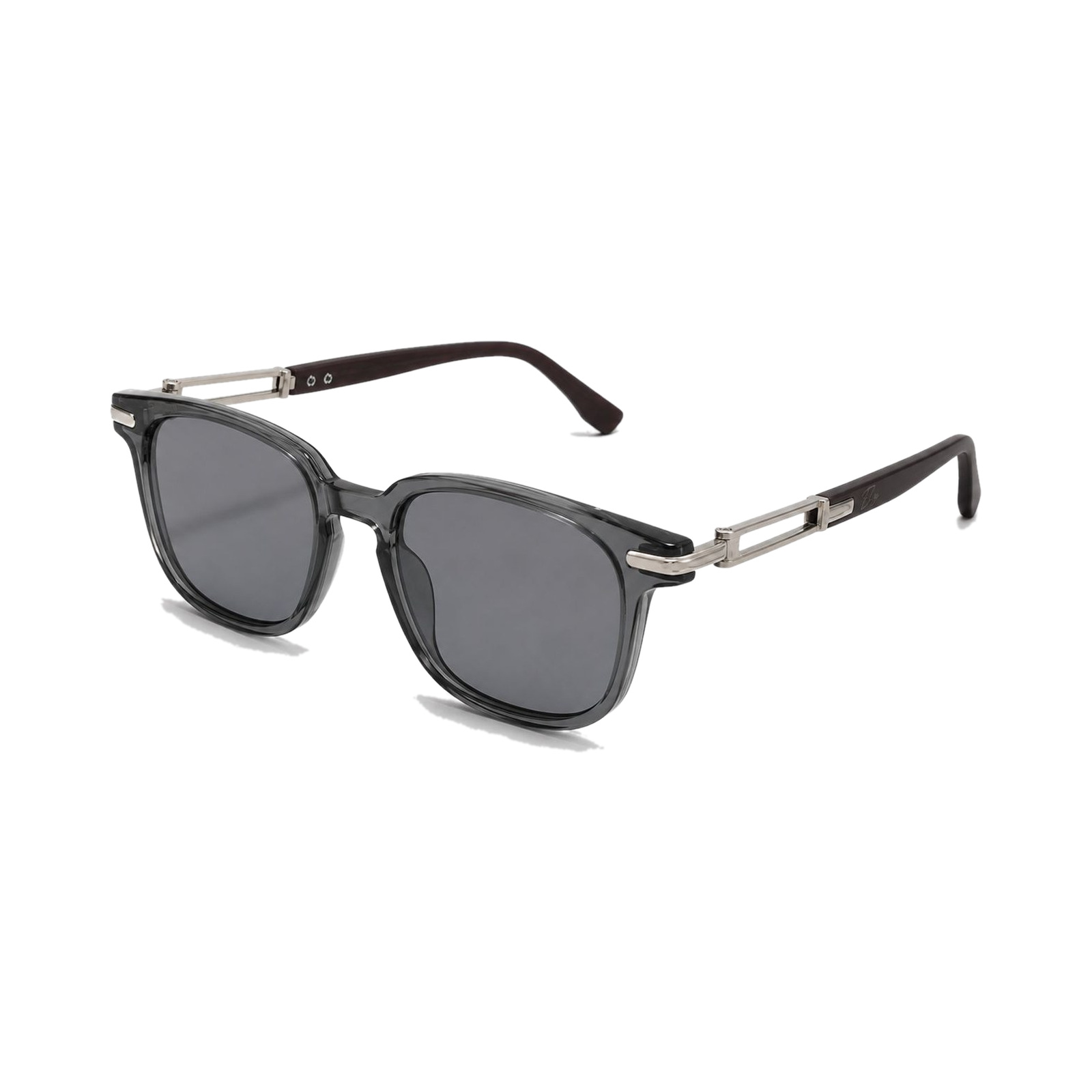 Elga Sterling Graphite — armação cinza translúcida, lentes cinza-escuro e hastes metálicas com madeira